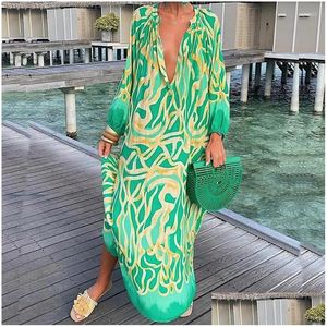 Robes décontractées de base Femmes Boho Imprimer Lâche Plage Élégant Rétro Harajuku V-cou Maxi Robe Sexy À Manches Longues Surdimensionné Drop Livrer Dhc6L