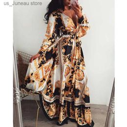 Robes décontractées de base Femmes boho wrap l'été robe lond fêtes de vacances maxi lâches en liberté imprimé floral V-collier long slve elegante robes cocktail t240412