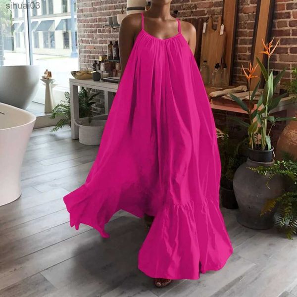 Robes décontractées de base Femmes Camisole surdimensionné Maxi robes été décontracté Spaghetti sangle lâche dos nu grande balançoire robe femmes solide longueur au sol RobeL2403