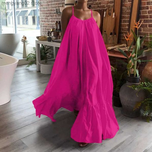 Robes décontractées de base Femmes Camisole surdimensionné Maxi robes été décontracté Spaghetti sangle lâche dos nu grande balançoire Robe femmes solide parole longueur Robe T231026