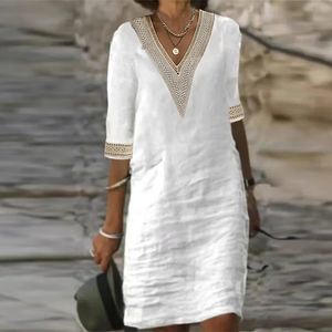 Basic Casual Jurken Vrouwen Katoenen Linnen Jurk Zomer Mode Effen Kleur Hallow Out Mini Jurken Vrouwelijke Oversized Casual Mid-Sleeve Jurken Vestidos 230531