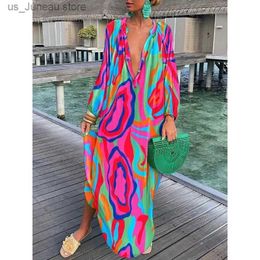 Robes décontractées de base Femmes Dp robe à col en v 2023 été Vintage élégant longue Slve Boho imprimer robes longues femme Sexy plage fête robe Maxi ample T240330