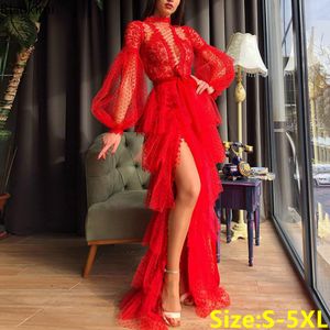 Robes décontractées de base Femmes robe de soirée dentelle rouge évider manches longues une ligne sexy côté fendu longueur de plancher queue femme élégante Maxi 230823