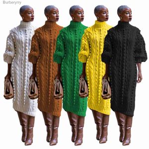 Robes décontractées de base Femmes Mode Col Roulé Lanterne Longue Sle Côté Split Slim Maxi Pulls Pulls Robe 2023 Hiver Rue JumpersL231130