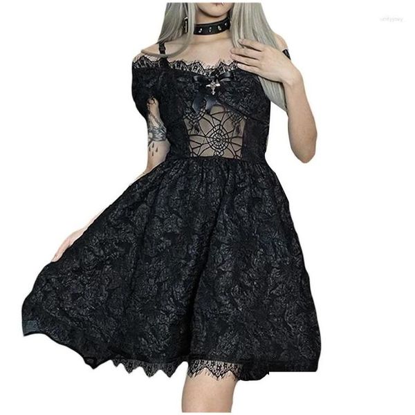 Vestidos casuales básicos para mujeres Vestido gótico de Halloween manga de hojaldre corta fuera de shoder