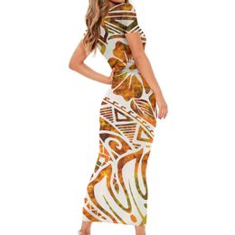 Basic Casual Jurken Vrouwen Hibiscus Maxi Gele Jurk Vintage Polynesische Tribal Etnische Kleding Hawaii Plumeria Korte Mouw Feest Gewaad Tattoo Vrouw 230720