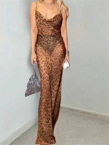 Vestidos casuales básicos para mujeres leopardo sexy dividido sexy 2023 verano sin mangas sin espalda de malla de vestido largo.