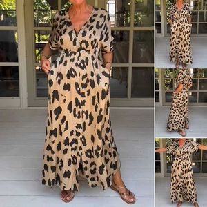 Basis Casual jurken vrouwen losse boho vintage ruches befr zomer korte sleve zakken knop luipaard elegant feestjurk feest maxi jurken t240523