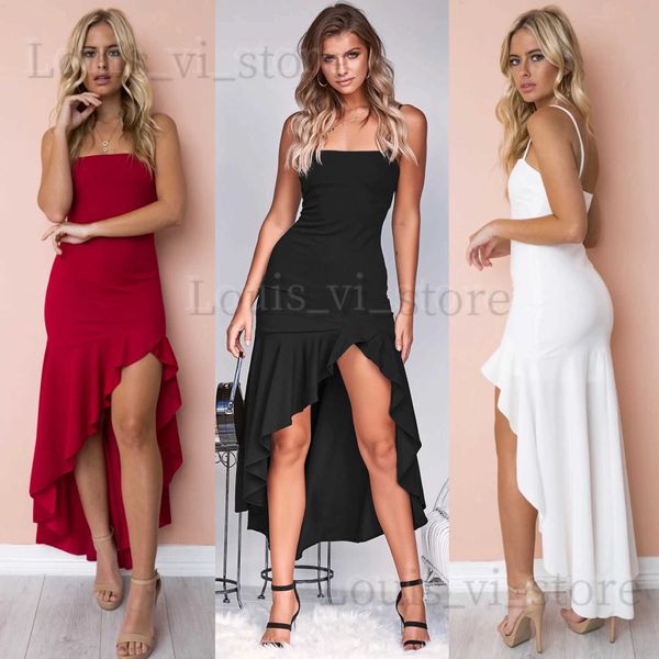 Robes décontractées de base Femmes hors épaule en mousseline de soie robe blanche été rouge plage Boho Maxi longue robe élégante demoiselle d'honneur fendue fête robe à volants T240221