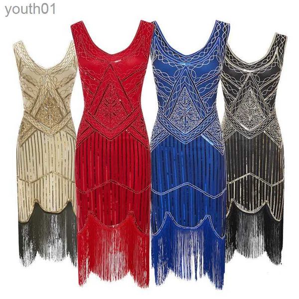 Robes décontractées de base Robe de fête des femmes 1920 S Great Gatsby Flapper Vestidos Sequin Perle Fringe Fringe V Neck Embellifhed Frdged sans manches YQ240402