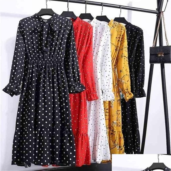 Vestidos casuales básicos para mujeres s otoño dot negro vintage floral estampado camisa de chifón vestido de manga de manga larga vestidos vestidos plus talinata 21 dhok5