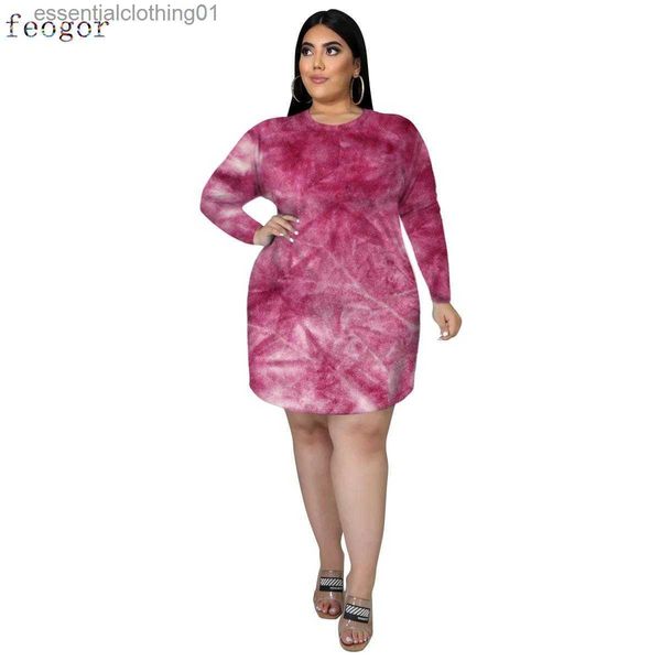 Robes décontractées de base Vêtements pour femmes grande taille 2021 col rond manches longues vêtements de maison confortables robes décontractées impression Tie-dye robe droite automne L230918