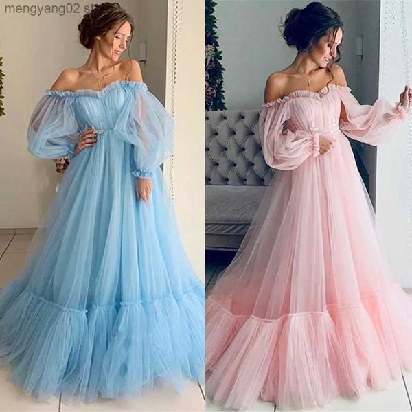 Robes décontractées de base Robe femme mignon couleur unie lanterne à manches longues Slash-cou mode gaze longue robe femme gaze élégante robe de princesse T231026