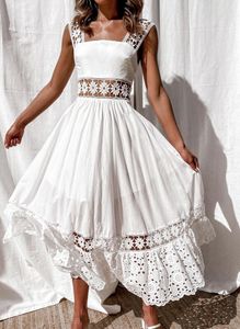 Robes décontractées basiques Robe pour femme Blanc Évider Robe d'été en coton Dentelle Sans manches Longue Épissage Fête d'été Élégante Soirée Femme Jupe Vêtements 230531