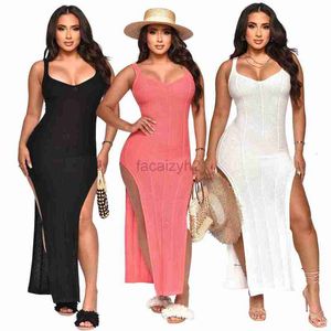 Robes décontractées de base Nouveau produit pour femmes Spring / Summer plage V-Neck Long Robe Tripted Split Open Back Sexy Robe Plus Taille Robe