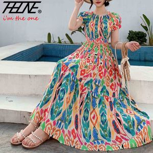 Vestidos casuales básicos Tallas grandes para mujer Estilo bohemio Vestido largo Flor Algodón Playa Cuello redondo Hombro Ropa india Vestito Robe Mujer 230724