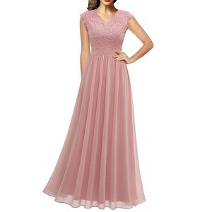 Basic Casual Dresses Dames V Neck Mouwess Lace Patchwork Chiffon Wedding Party Bruidsmeisje Lange jurk 230519