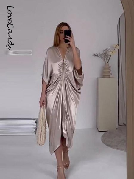 Robes décontractées basiques Femmes Sexy Col en V Profond Maxi Chemise Robes De Mode Bandage plissé Demi Manches Robe Solide Femme Vintage Lâche homewear Robe 230621