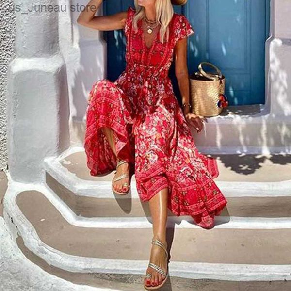 Robes décontractées de base Femmes Sexy Dp col en V plissé robe midi décontracté taille courte Slve vacances robe de soirée motif de mode imprimer Bohe robe de plage T240330