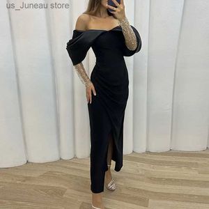 Basic Casual Jurken Vrouwen Sexy Strapless Satijnen Jurk Avondjurk Lente Off Schouder Mesh Slve Holle Lange Jurk Zomer Solid split Bodycon Jurk T240330