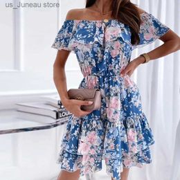 Basis Casual jurken Women Slash Neck A-Line Dress 2022 Zomer Off the Shoulder Floral Print Ruffle Elegant Boemian Ladies Party Sundress Vestidos 1 T240415