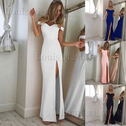 Basic Casual Jurken Dames Split Bodycon Lange Maxi-jurk Feest Bruiloft Gala Formeel Elegant Effen Wit Off-shoulder Mouwloos Bandage Goedkope kleding T240221