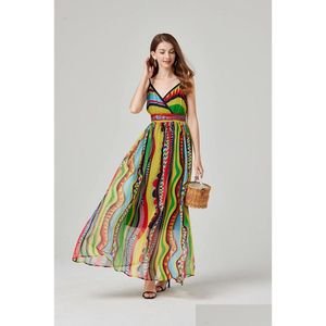 Basis Casual jurken vrouwen lente zomer bohemain spaghetti riem chiffon flowy jurk y v-neck backless bloemenprint vakantie boho l draf