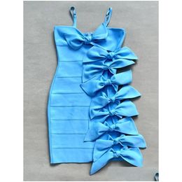 Robes décontractées de base Femmes Summer 2024 Y Coupez Bleu Bouche à nœud papillon Mini Tricote Elegant Evenant Club Party Drop Drop Livrot Appa Dhpue