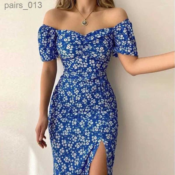 Robes décontractées de base Femmes robe d'été 2023 nouveau sexy cracher épaule sans bretelles mode bleu imprimé floral taille femme robes longues vestidos GHH8180 yq240328