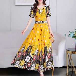 Basic Casual Dresses Dames zomerjurk Floral Print Short Sleeve A-Line Vestidos Elegant Vintage V-Neck Plus Size Beach Style 230608