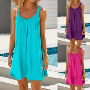 Vestidos casuales básicos Mujer Verano Correa de espagueti Boho Vestido de playa Color sólido Suelto Vacaciones Playa Cami Vestido Señoras Camiseta de algodón Tanque Vestido de tirantes 230710