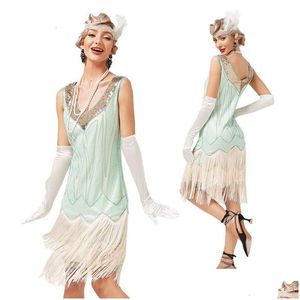 Basis Casual jurken Women V Nek kralen franjes Tassels Cocktail Prom Wedding Party Club Swing jurk Great Gatsby 1920s Flapper Si Dhqus