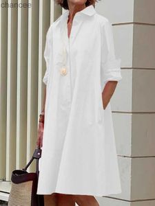 Basic Casual Jurken Witte Jurken Koreaanse Mode Jurken Met Lange Mouwen Effen Casual Losse Shirtjurk Met Kraag Katoen Linnen Kleding Voor Dames LST230904