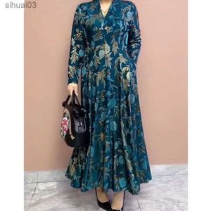 Vestidos informales básicos Mujer Otoño Invierno Nueva moda Elegante Jersey con cuello en V Bolsillo estampado Casual y versátil Vestido largo medio suelto de manga larga L2403