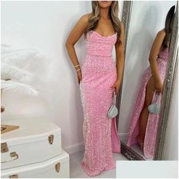 Robes décontractées de base femmes dos nu sexy robe formelle solide sequin mariage demoiselle d'honneur robe de soirée haute fente maxi robes goutte d dheiv