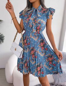 Basis Casual jurken Dames Elegante bedrukte boog Slim fitting taille geplooide zomerjurk2405