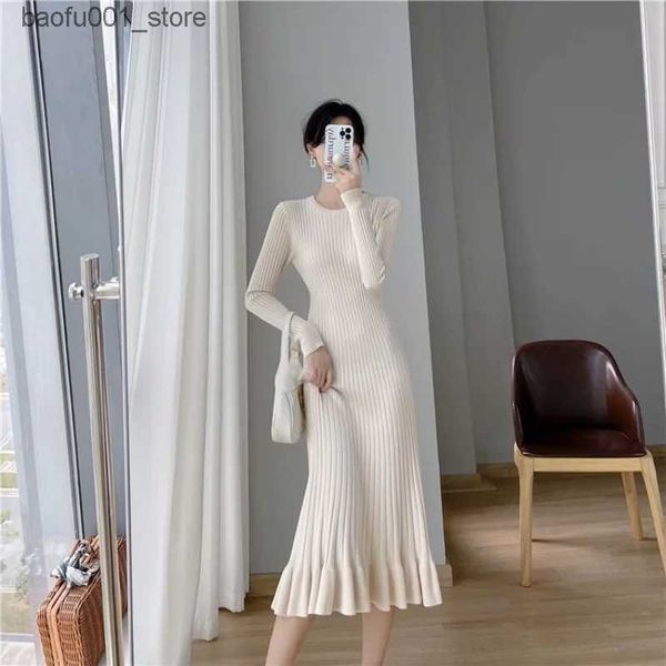 Vestidos casuales básicos para mujer flip midi ropa formal vestido sólido para mujer hasta la rodilla crochet blanco y negro moda moda coreana punto Q240322