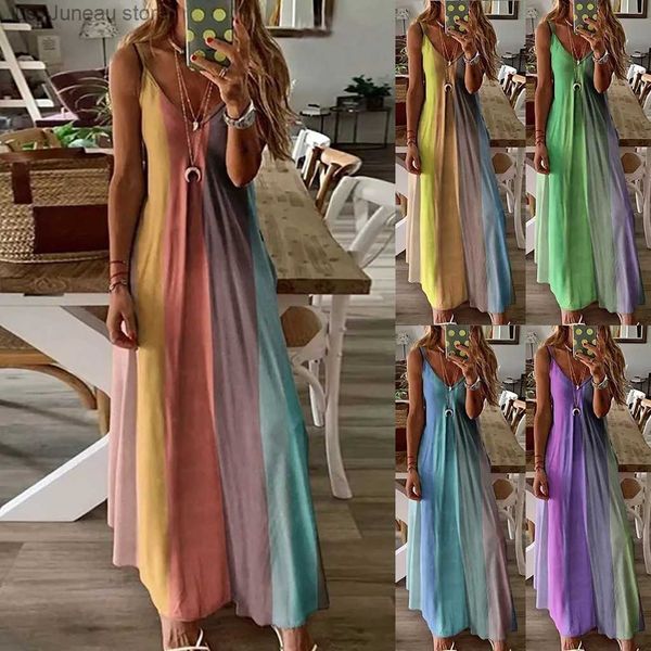 Robes décontractées de base Femmes dames grande taille Robe ample décontracté sans manches col en V longue Robe Boho arc-en-ciel couleurs rayure Maxi Robe Robe de bal T240330