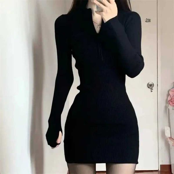 Robes décontractées de base pour femmes robe à manches longues noire de club sexy mini-robe serrée y2k haute jupe courte coréenne