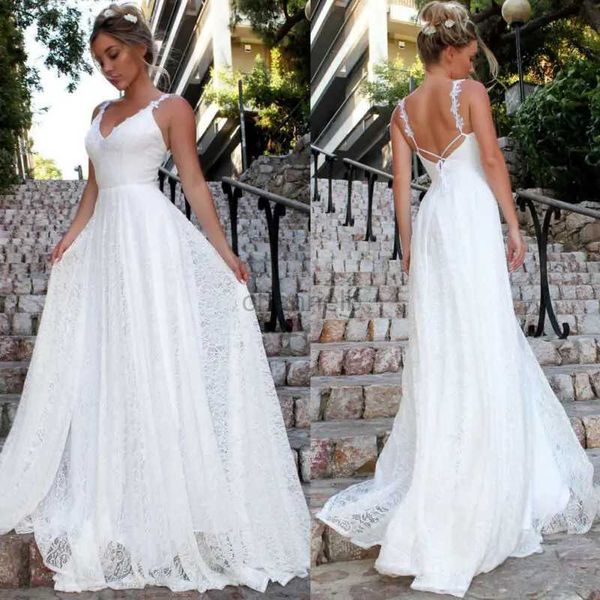 Robes décontractées de base Femmes sans manches longues en dentelle de fête formelle robe de fête de mariage Bridesmaid Ball Robe White Boho Style Beach Maxi Robe 240419