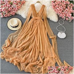 Basic Casual Dresses Dames Summer Beach Dress V-Neck Camisole Slim Wit Elegant Tle A-Line Lange Holiday Maxi Vestidos Drop Dh2al