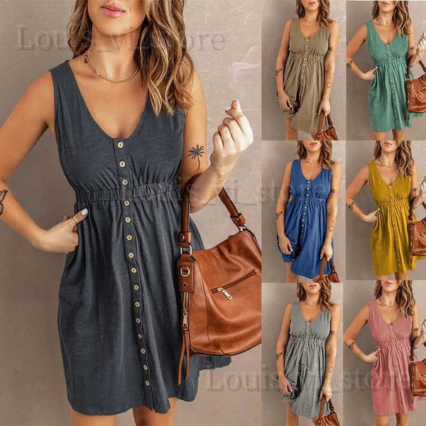 Vestidos informales básicos Vestido sin mangas de verano para mujer con botones y cintura elástica, vestidos cortos lisos sueltos, camisetas sin mangas informales, vestidos de talla grande T240221