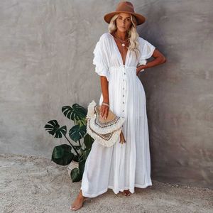 Basic Casual Jurken Dames badpak cover Ups Mandarijn mouwen Kaftan Strandtuniekjurk Robe De Plage puur wit Pareo Strand cover Ups J240130