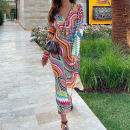 Vestidos casuales básicos XEASY verano mujer playa estilo Color estampado Delgado vestido largo femenino cuello en V Split Vintage señoras manga 230729
