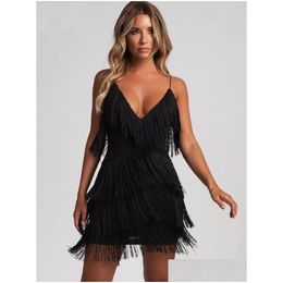 Basic Casual Dresses Y Deep V-Neck Backless Patchwork Bodycon Dress Spring Summer Fringe Tassel Club Party Prom Mini 2023 Drop Deliver Dh2Nx