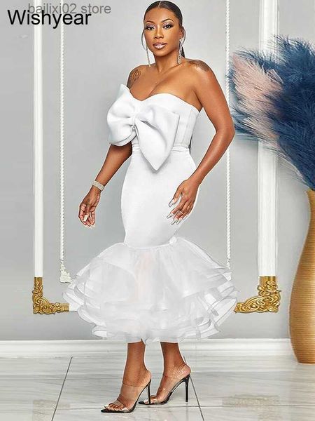 Robes décontractées de base Année Élégante Big Bow Organza Sirène Bal Blanc Tops et Robe Midi Ensemble pour Femmes Soirée Anniversaire Cocktail Tenues de Fête T230922