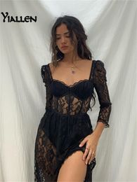 Robes décontractées basiques Yiallen Y2k Fashion Party Vacation Beach Sexy Black Lace Long Dress Women's Spring Quarter Sleeve Mid-Calf Dresses Clubwear 230717