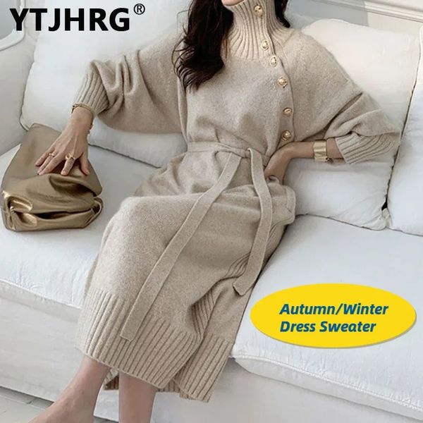 Robes décontractées de base YTJHRG pour femmes pulls à col roulé vêtements féminins manches longues ceinture pulls bouton jupes automne hiver 231020
