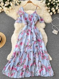 Basis Casual jurken Yuoomuoo Romantische vrouwen Ruches Split Chiffon Beach Dress Summer Elegante bloemenprint oneoulder vakantie Long 230519