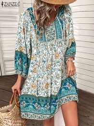 Basic Casual Jurken Zanzea V-Neck Short Sle Floral Gedrukte Sundress Dames Zomer Boheemse jurk Vintage Loose Elegant Casual Holiday Beach Robec24315